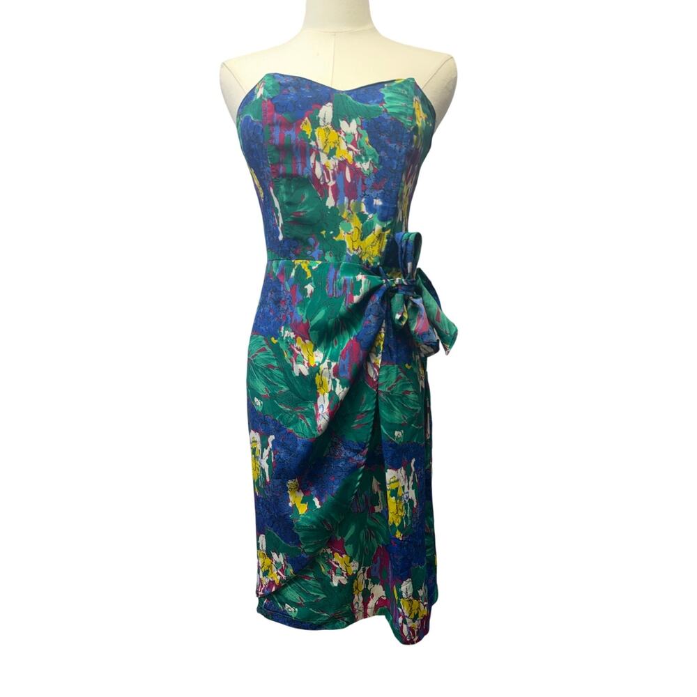 VINTAGE Syndicate brand BRIGHT FLORAL ZIP BACK SIDE SARONG DRESS strapless